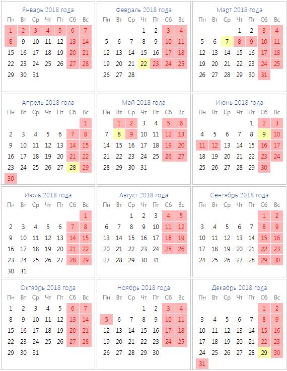 Производственный календарь выходных дней и праздников 2018 года